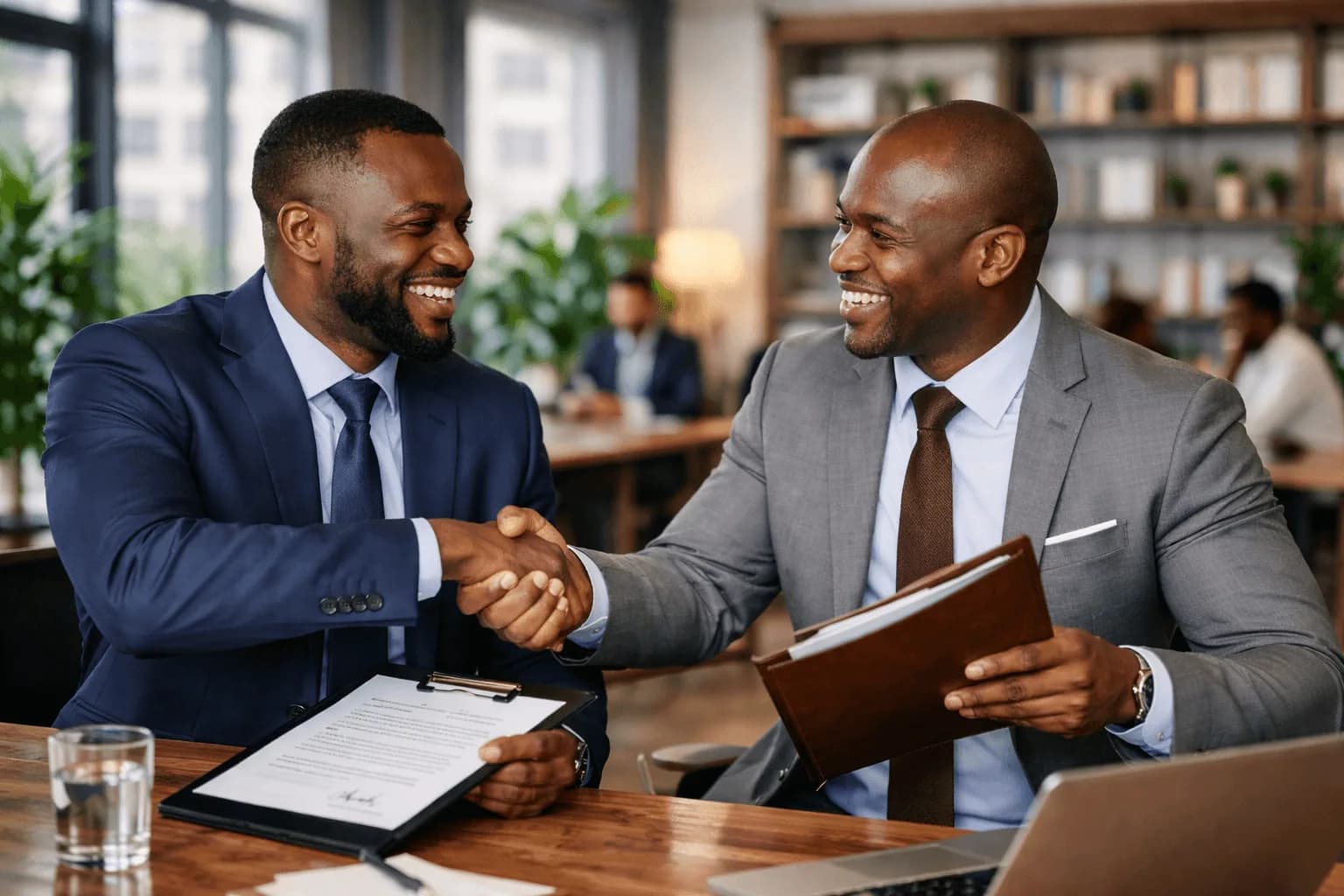 Deux hommes d'affaires africains concluant un accord, poignée de main