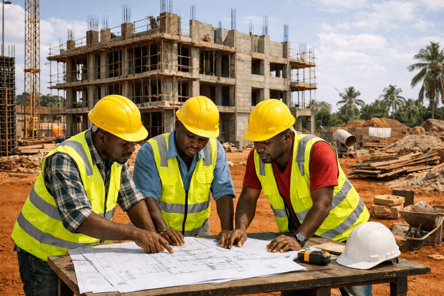 Trois ouvriers avec casques étudiant les plans de construction sur un chantier
