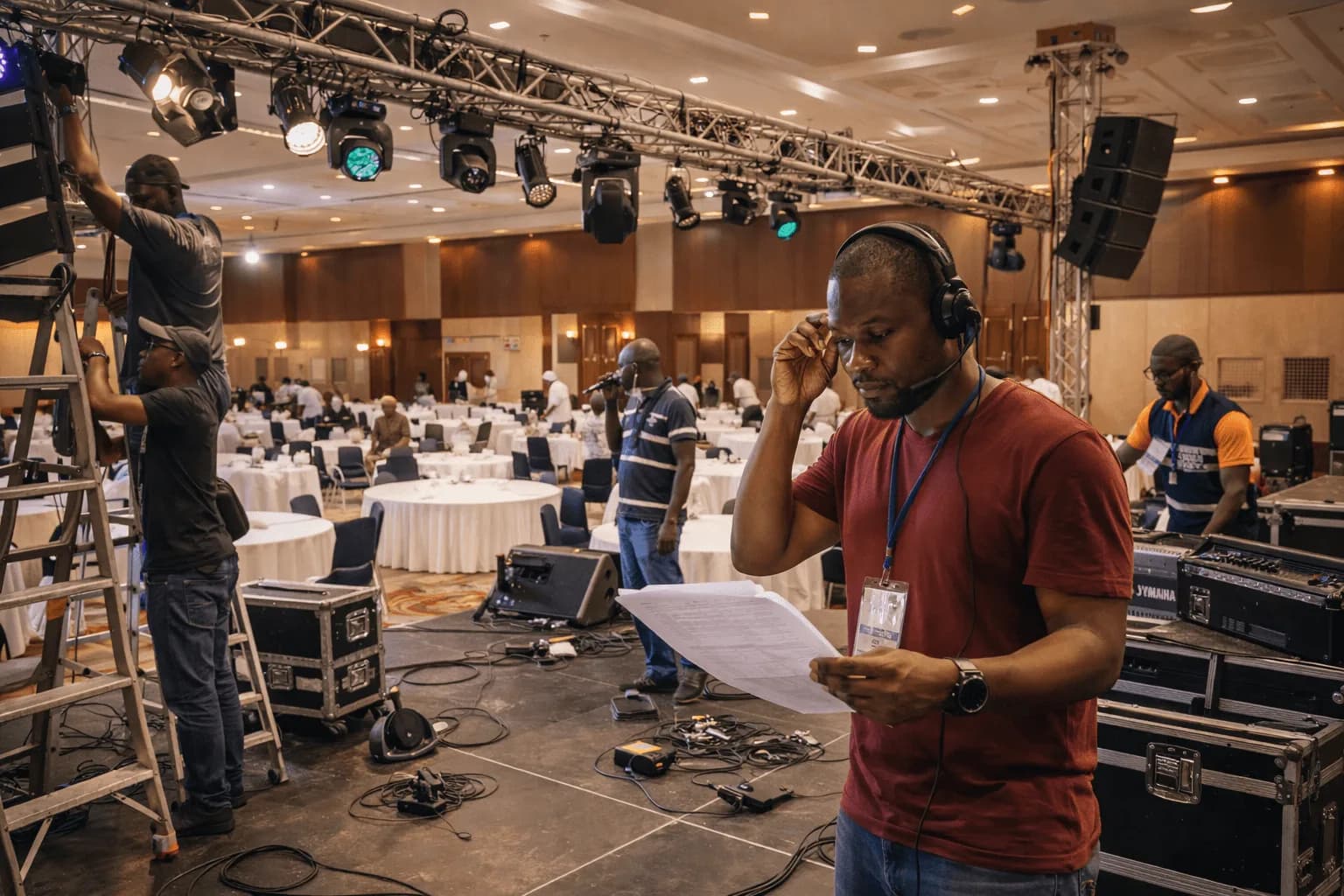 Coordinateur supervisant l'installation son et lumière dans une salle de conférence