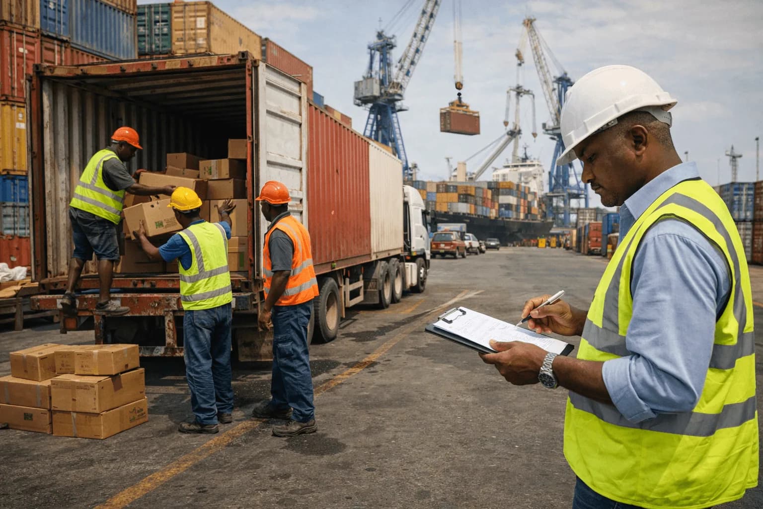 Coordinateur logistique supervisant le chargement de conteneurs au port